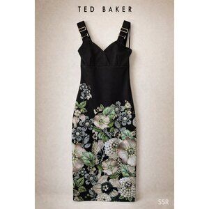 Ted Baker Black Floral Midi Dress Adjustable Strap Sheath Garden Print Sz 3/M